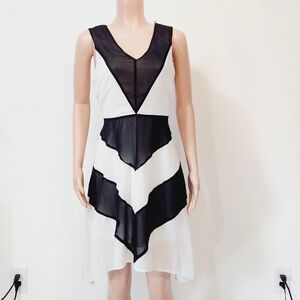 Charming Charlie’s Geometric Black & White Flowy Deep V Dress Size: L